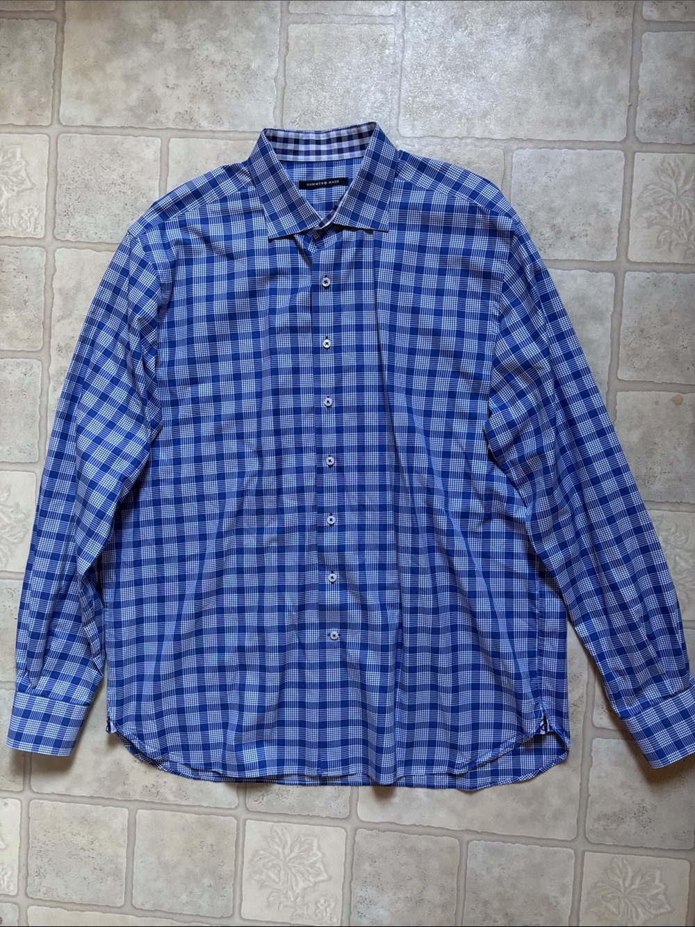 Hammer Made Shirt Mens 46 18.5 Blue White Check Long Sleeve Flip Cuff Button